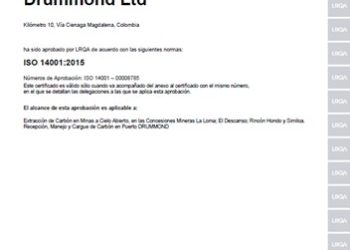 Drummond Ltd. obtiene recertificación ambiental ISO 14001:2015 para sus operaciones mineras y portuarias para el periodo 2026-2029