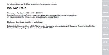 Drummond Ltd. obtiene recertificación ambiental ISO 14001:2015 para sus operaciones mineras y portuarias para el periodo 2026-2029