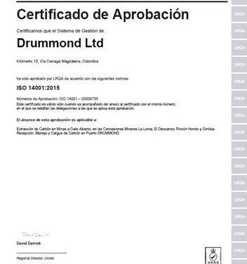 Drummond Ltd. obtiene recertificación ambiental ISO 14001:2015 para sus operaciones mineras y portuarias para el periodo 2026-2029